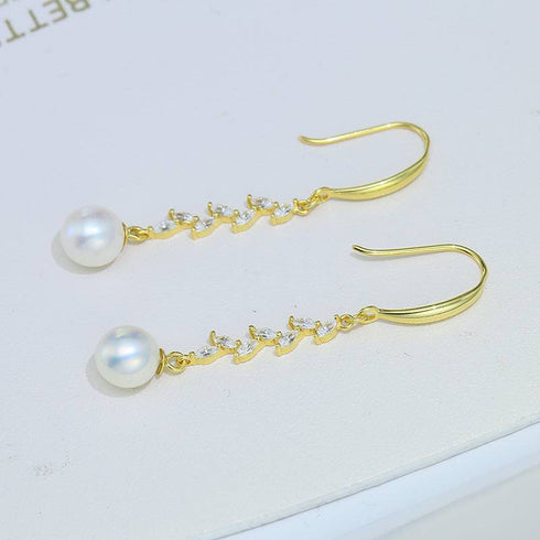 8-9mm Freshwater Pearl & Long Leaf Cubic Zirconia Earrings - House Of Pearls